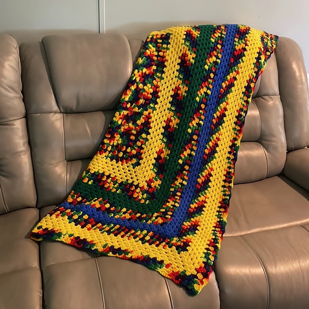Beautiful vibrant colorful 55 x 43” handmade grandma/Roseanne Afghan throw